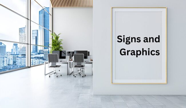 Various types of retail signs and graphics, including promotional, wayfinding, and digital signage made from eco-friendly materials like vinyl, acrylic, and LED displays.